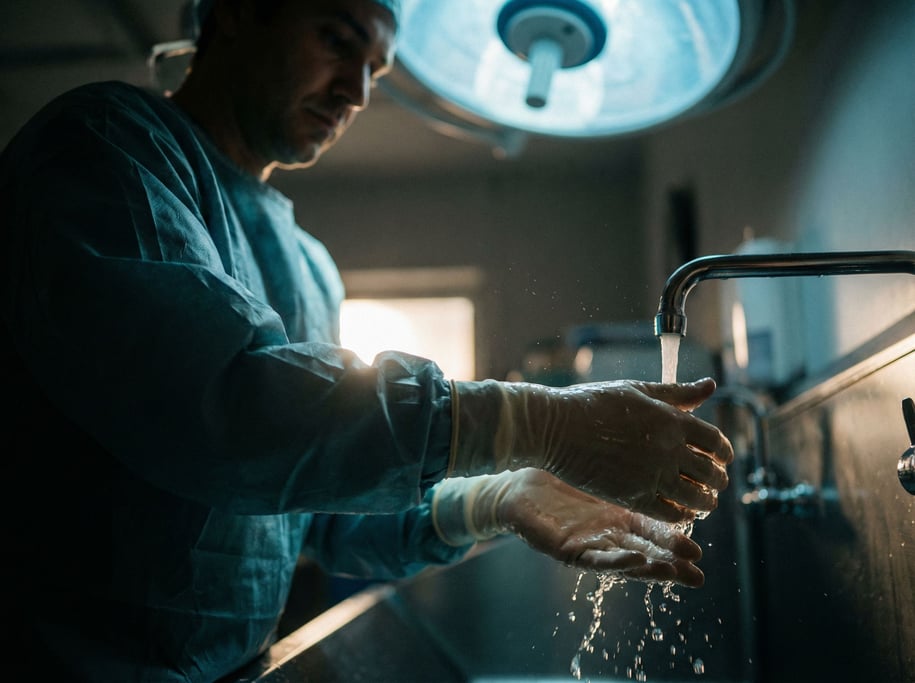 A surgeon scrubbing in, close-up on hands under water, sterile blue-tinted light