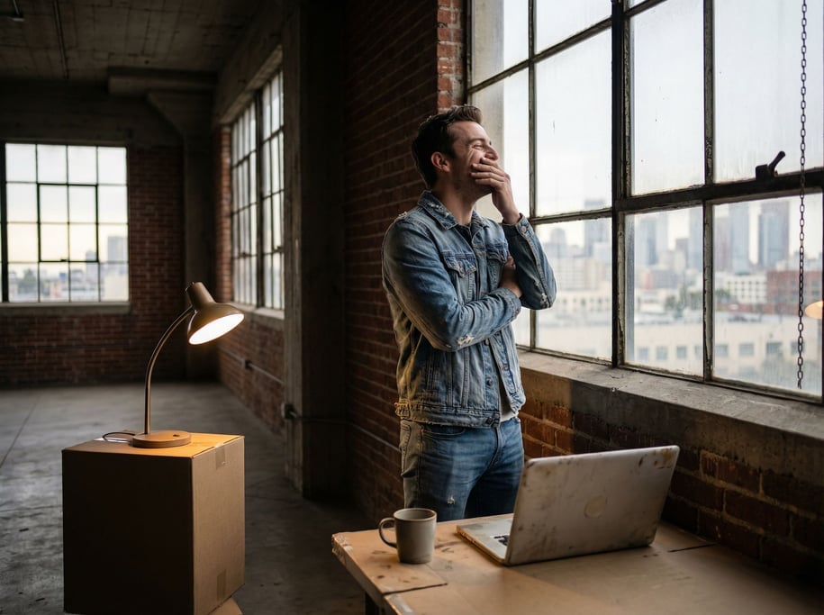A young founder alone in an empty office space, wide shot, standing at a window looking out