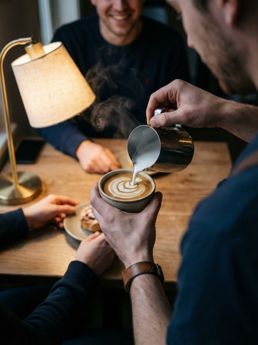 A barista pouring latte art, shot from above, steam and swirl patterns in the milk
