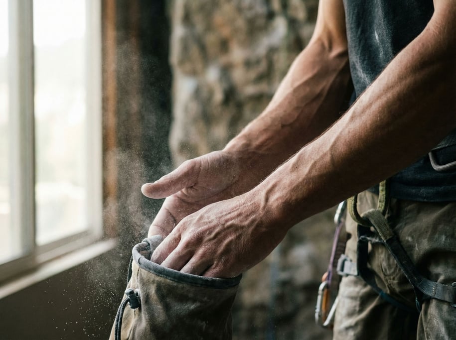 A climber chalking their hands before a route, close-up on the texture of chalk and skin