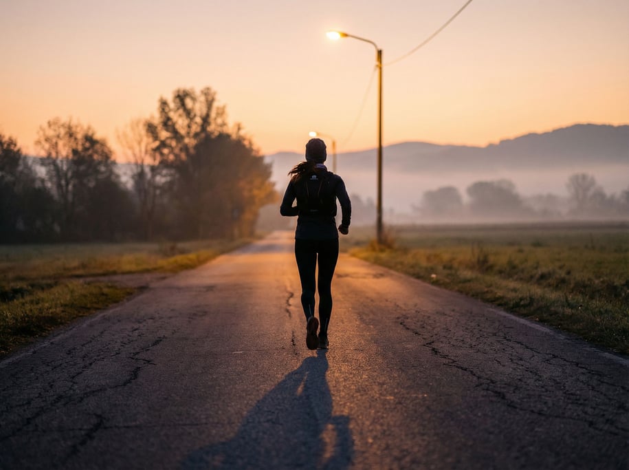 A woman running on an empty road at dawn, shot from behind, long shadows stretching forward (hi0d6cmu)