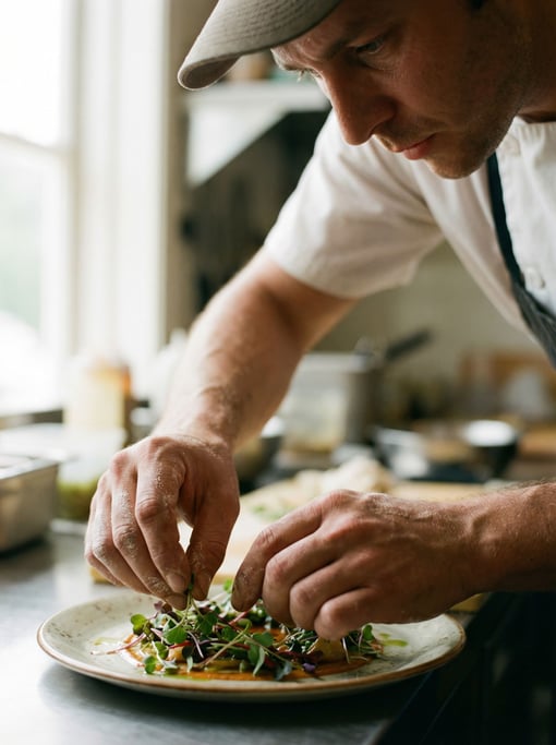 A chef's hands plating a dish with intense focus, shallow depth of field on the fingertips and food