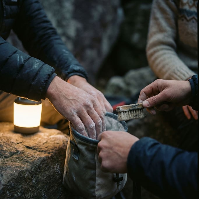 A climber chalking their hands before a route, close-up on the texture of chalk and skin (19fzkvly)