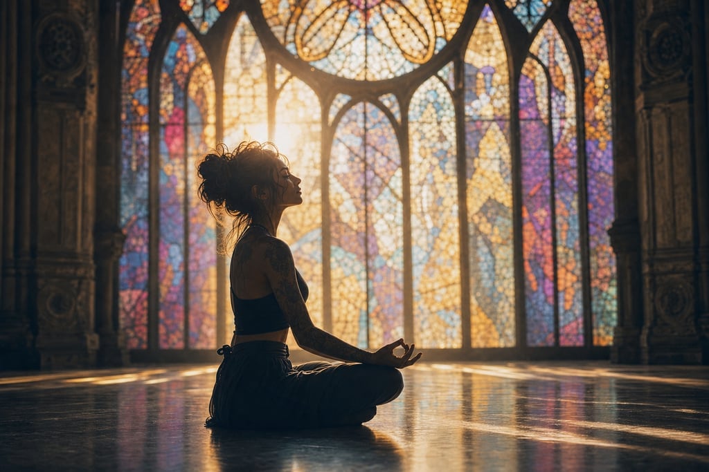 Solitary figure meditating in front of a massive, colorful stained-glass window