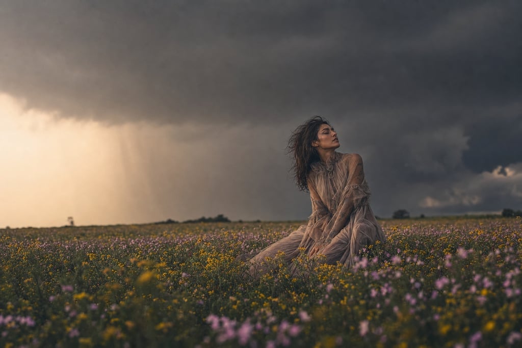 Dramatic shot of a thunderstorm rolling over a vast field of wildflowers