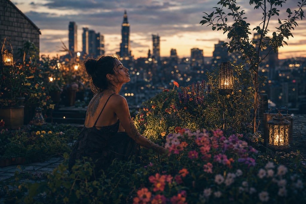 Urban rooftop garden at twilight with glowing lanterns and colorful flowers