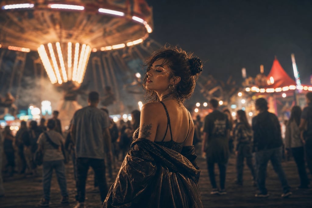 Night carnival in full swing with bright lights and spinning rides