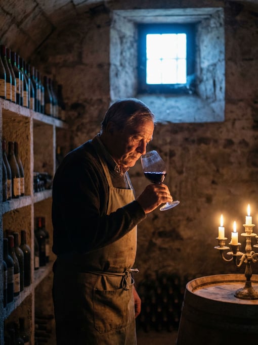 A sommelier swirling wine in a glass, eyes focused on the legs running down the bowl