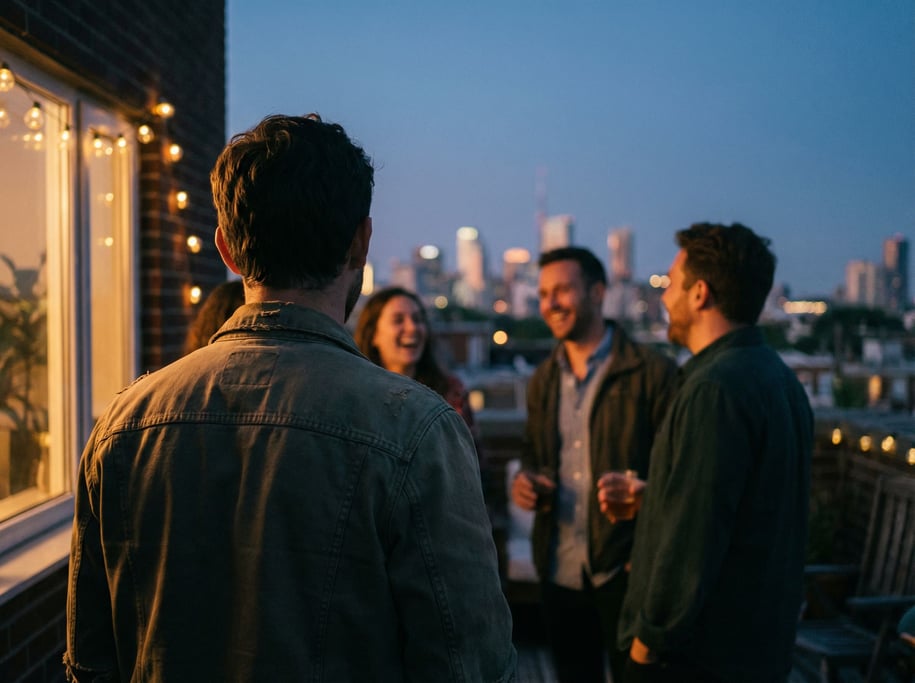 A group of friends on a rooftop at dusk, silhouetted against the skyline, laughing (vjf)