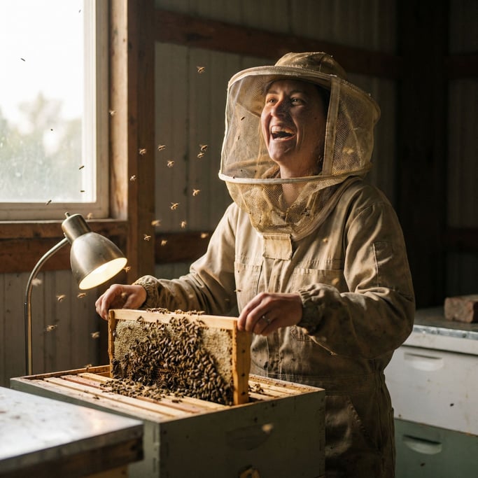A beekeeper lifting a frame from a hive, bees in flight, mesh veil, golden afternoon light