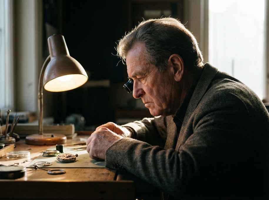A watchmaker examining a movement through a loupe, single desk lamp, everything else in shadow