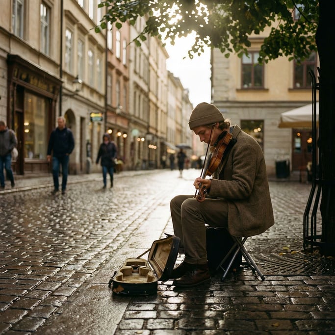 A young musician busking with a violin on a rainy European sidewalk, case open, puddle reflections