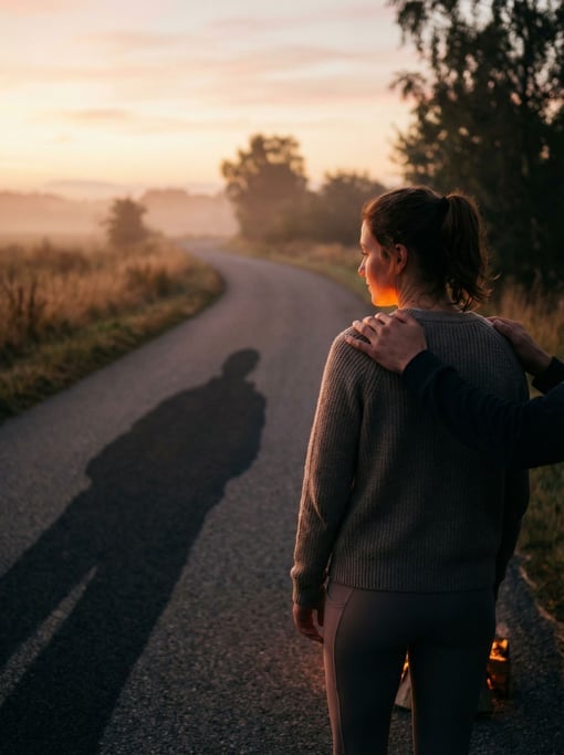 A woman running on an empty road at dawn, shot from behind, long shadows stretching forward (b15l5ef)