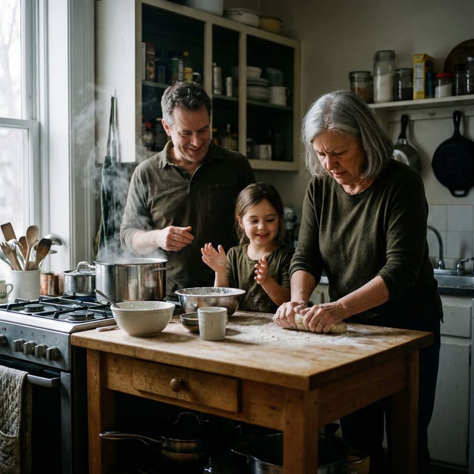 Three generations of a family cooking together in a small kitchen, steam and laughter and chaos