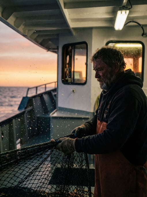 A deep-sea fisherman hauling nets at dawn, salt spray and orange sky, weathered face and hands (grvkusun)