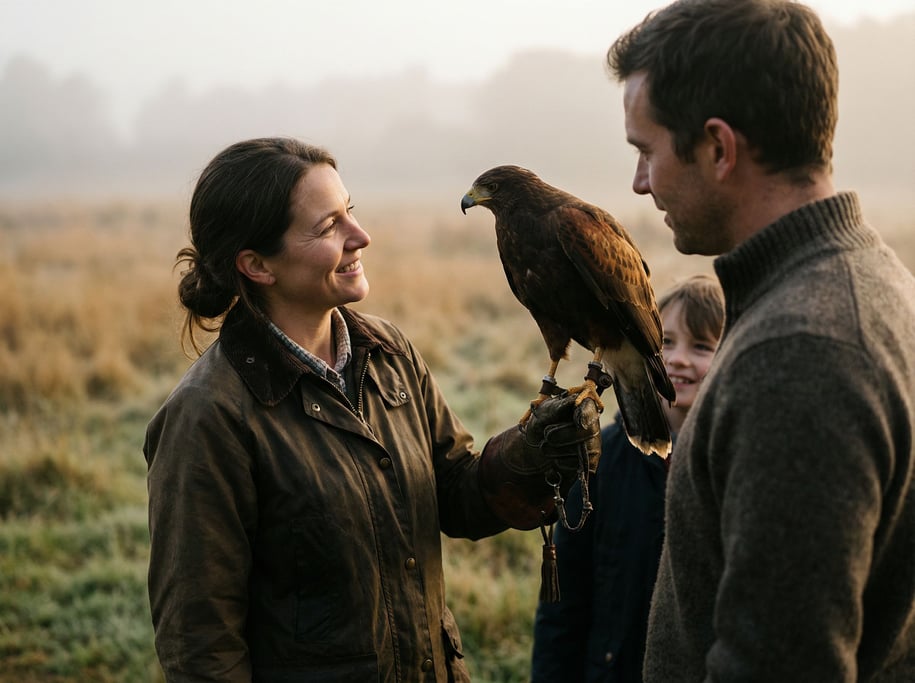 A falconer with a hawk perched on a leather glove, eye contact between human and bird, misty field