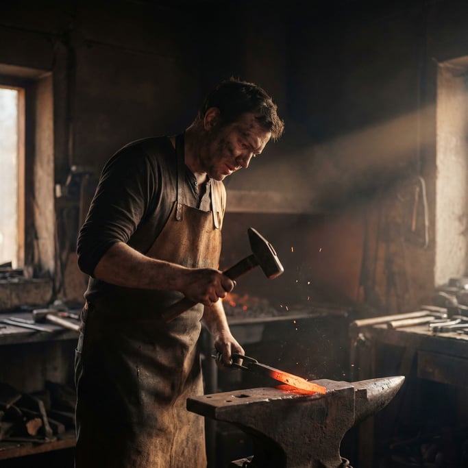 A blacksmith hammering red-hot steel, sparks flying in a dark forge, face lit by embers