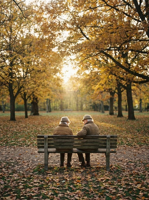 Two old friends sitting on a park bench, not talking, just existing together, autumn light