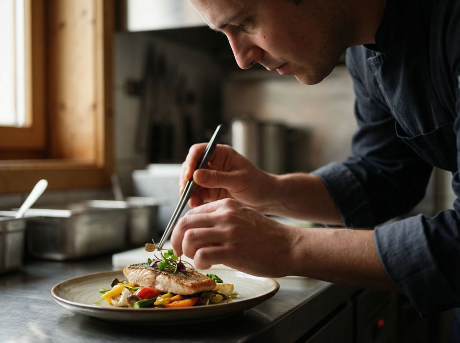 A chef's hands plating a dish with intense focus, shallow depth of field on the fingertips and food (9yfvdz1)