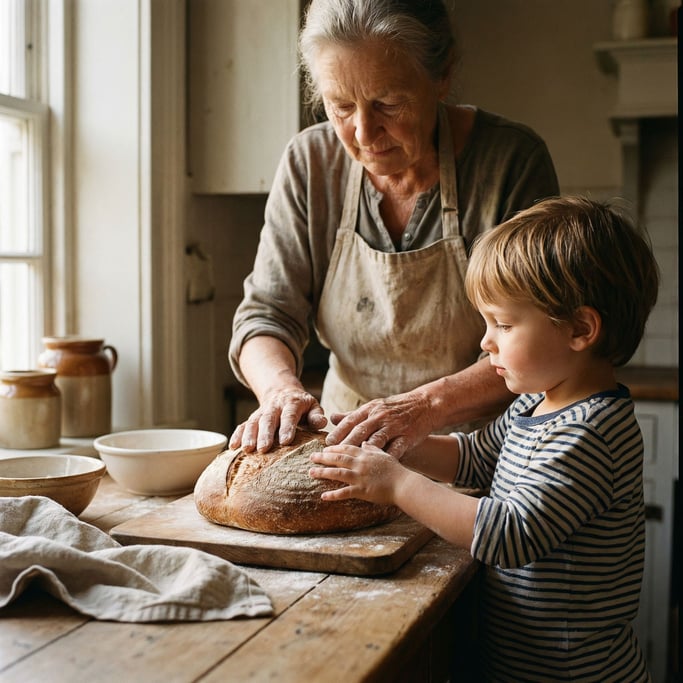A grandmother teaching a child to knead bread dough, flour-dusted hands side by side, kitchen light