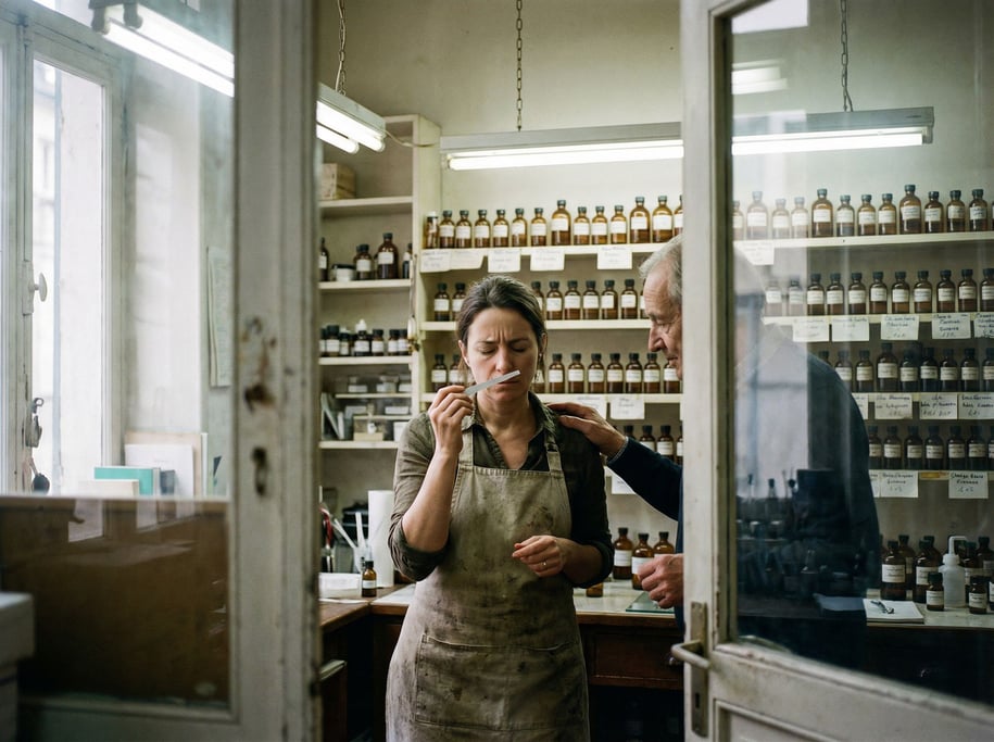 A perfumer smelling blotter strips, eyes closed in concentration, rows of essence bottles behind