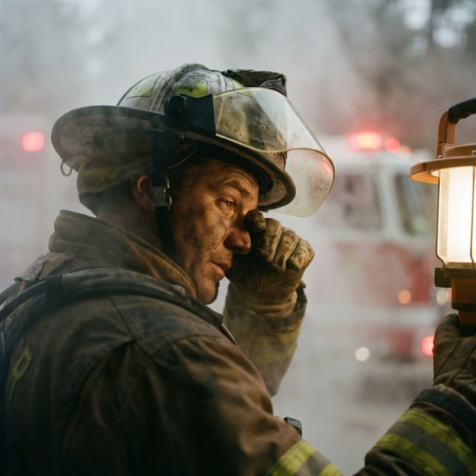 A firefighter emerging from smoke, helmet visor up, soot on face, red truck lights behind