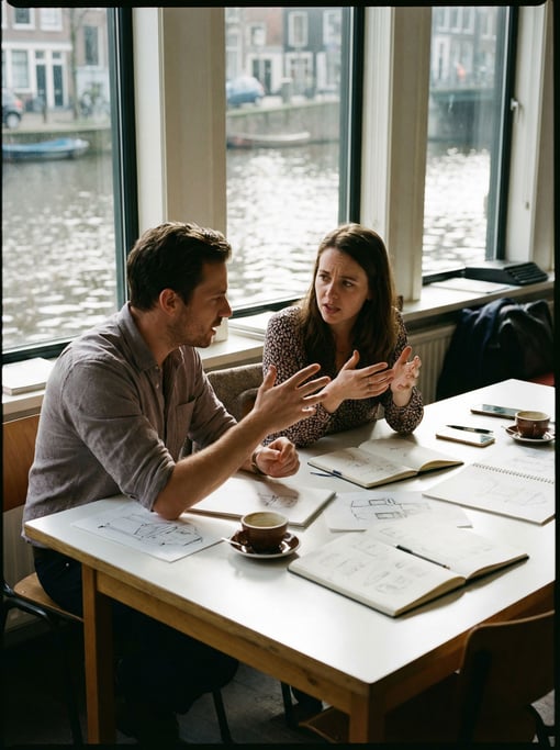 Two colleagues in animated conversation across a table, hands gesturing, papers between them (5jnlhid7)