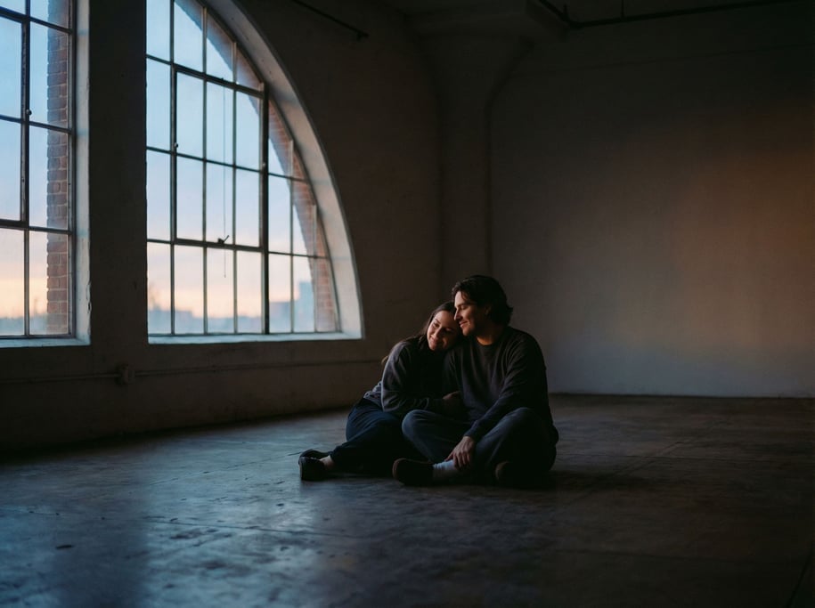 A woman meditating alone in an empty loft, cross-legged on bare concrete, single window light