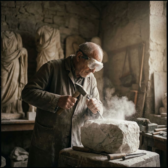 A sculptor chiseling marble, dust cloud around the chisel point, protective goggles, focused jaw (v86rvys)