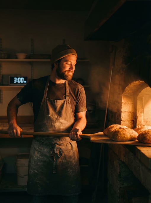 A night-shift baker pulling bread from a stone oven, face lit by the oven glow, 3 AM silence