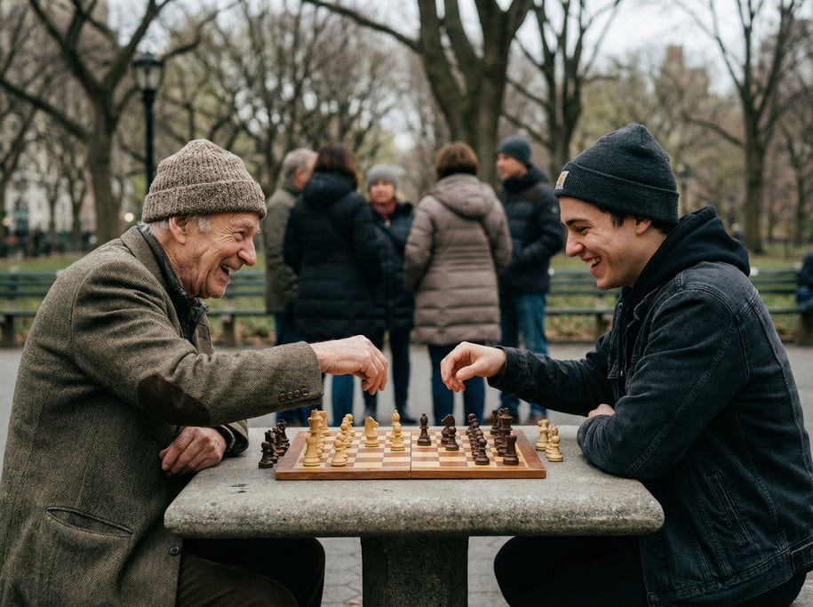 Two chess players in a park, elder vs youth, hands hovering over pieces, onlookers blurred behind (itrhszli)