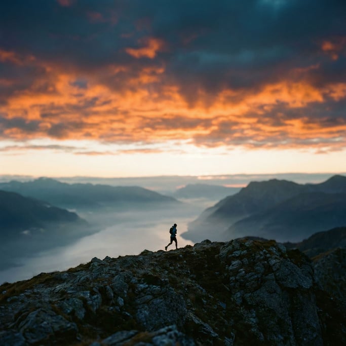 A trail runner cresting a ridge at sunrise, silhouette against a burning sky, solitary figure