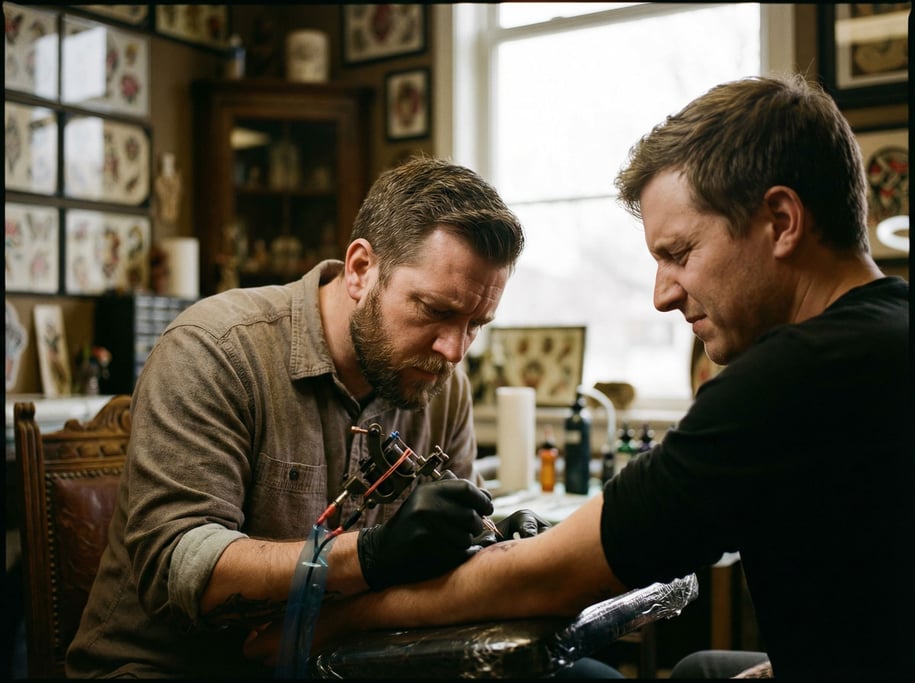 A tattoo artist at work, needle to skin, both faces in concentration (4wdvwest)