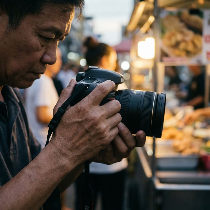 A photojournalist crouching to frame a shot in a crowded street market, camera raised