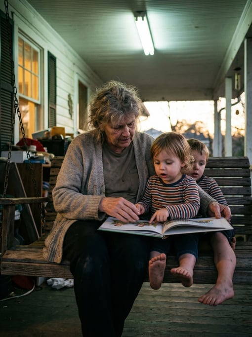 A grandmother reading to twin grandchildren on a porch swing, golden evening light, bare feet (5skkomrv)