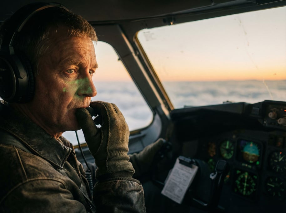 A pilot in the cockpit during golden hour, instrument panel glow on face