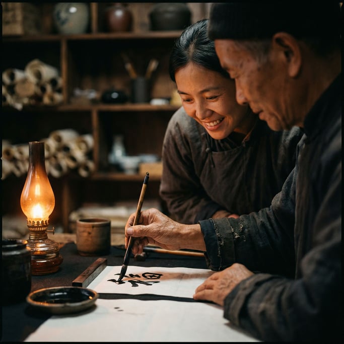 A calligrapher writing with a brush on rice paper, ink still wet, hand steady, deep focus