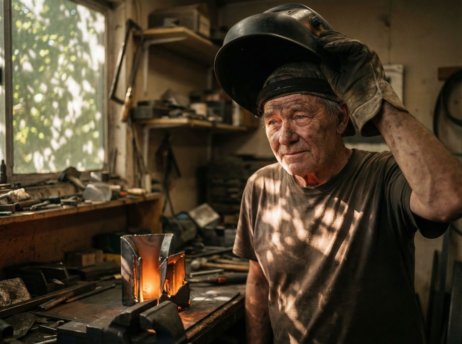 A welder lifting their mask, face sweaty and lit by the cooling orange glow of fresh metal