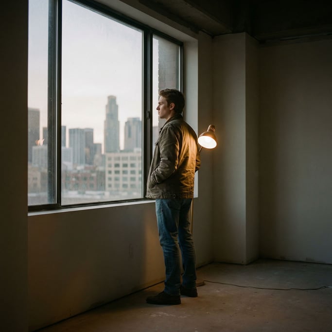 A young founder alone in an empty office space, wide shot, standing at a window looking out (iusdcqzh)