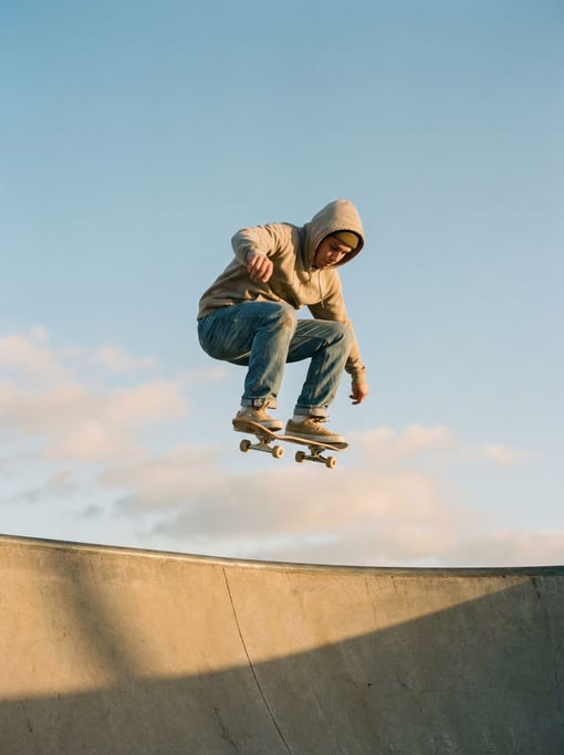 A skateboarder mid-trick, frozen in air, low-angle shot against an open sky (n2w5tmo9)