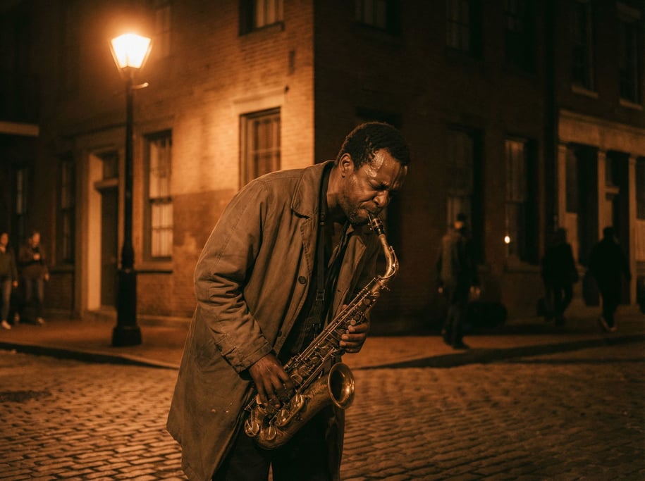 A street musician playing saxophone under a pool of streetlight, everything else in shadow (vvvwwu8)