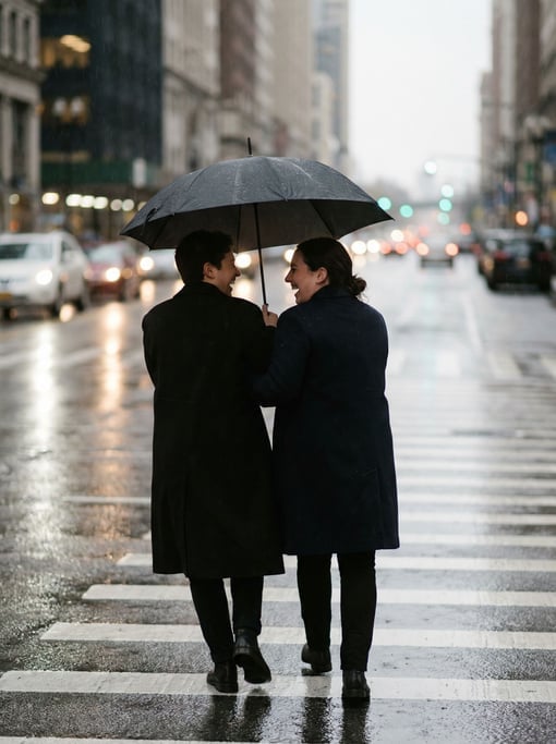 Two strangers sharing an umbrella in sudden rain, laughing, city crosswalk, blurred headlights