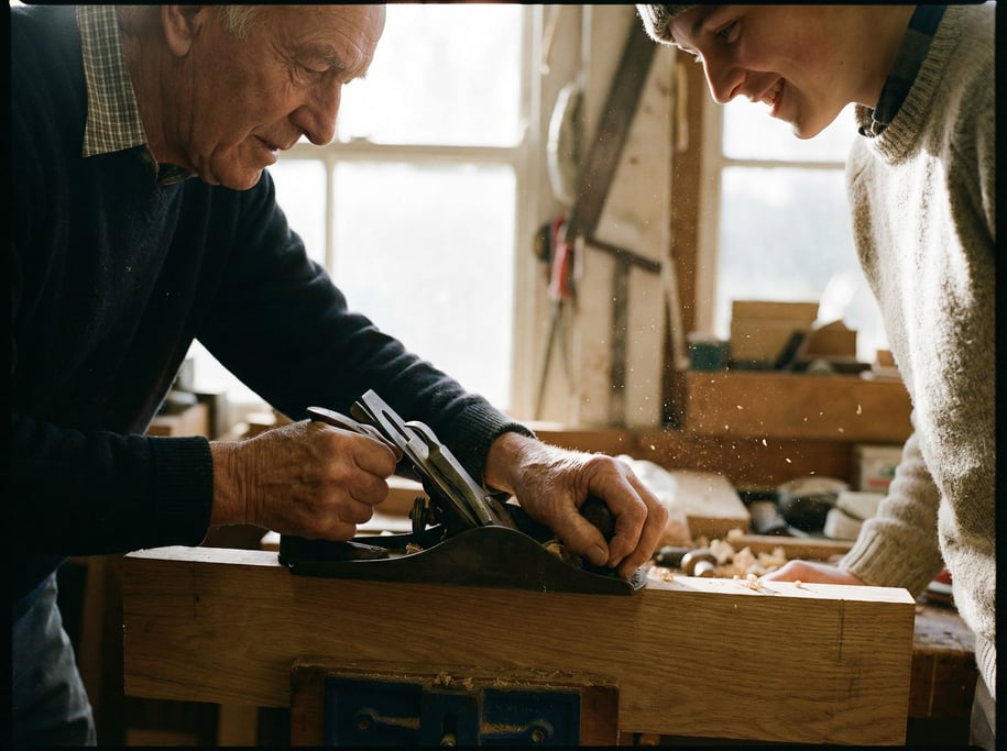 An elderly craftsman's weathered hands shaping wood with a hand plane, sawdust in the air (odhlloqy)