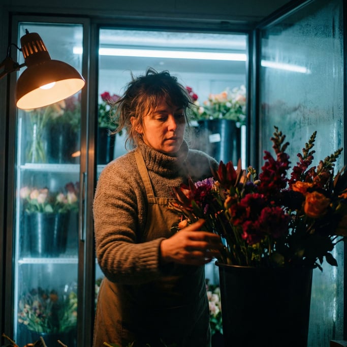 A florist arranging stems by color in a cool walk-in cooler, breath visible, cold blue light