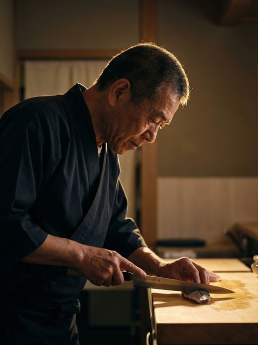 A sushi chef slicing fish with a yanagiba knife, precise angle, clean counter, zen focus