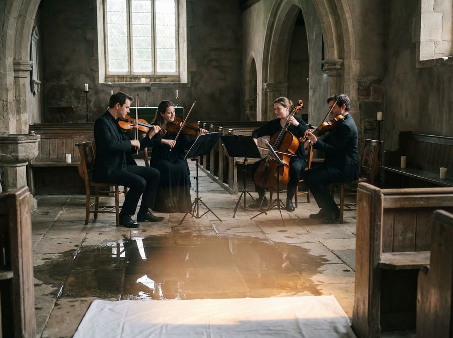 A string quartet mid-performance in a stone chapel, bows moving in unison, available light only (6ftf)