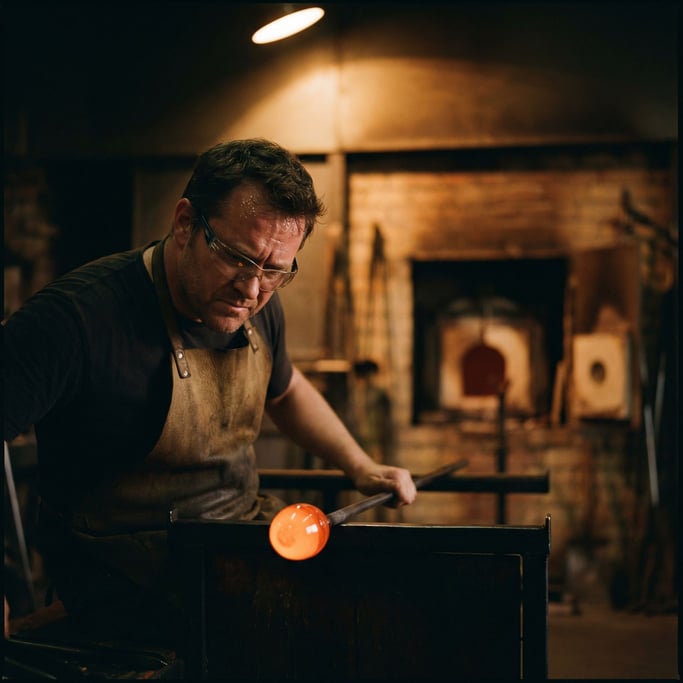 A glassblower shaping molten glass on a punty rod, face lit by the orange glow of the gather