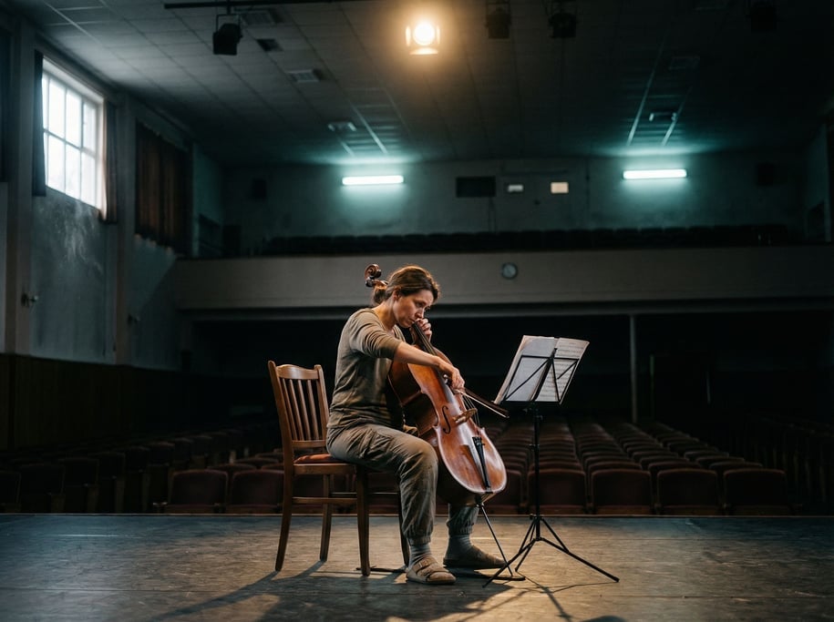 A cello player practicing alone in an empty concert hall, single spotlight, vast dark space around (ggqmgwb8)