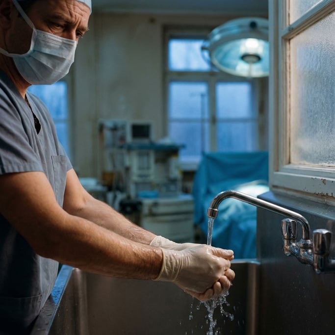 A surgeon scrubbing in, close-up on hands under water, sterile blue-tinted light (gpwfc5i8)