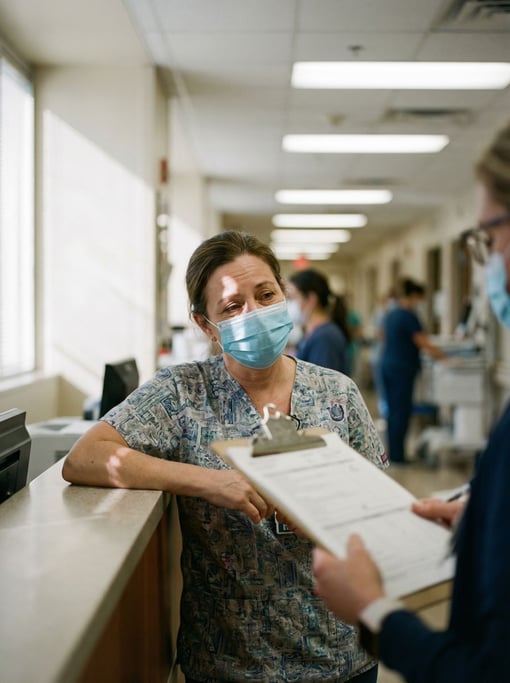 A nurse changing shift, exhausted eyes above a surgical mask, fluorescent hallway behind